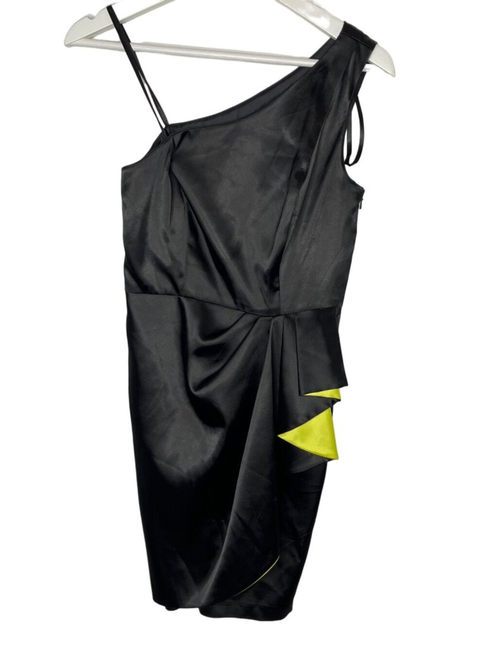 Bebe Womens Small Satin One Shoulder Mini Dress Black Yellow Cocktail